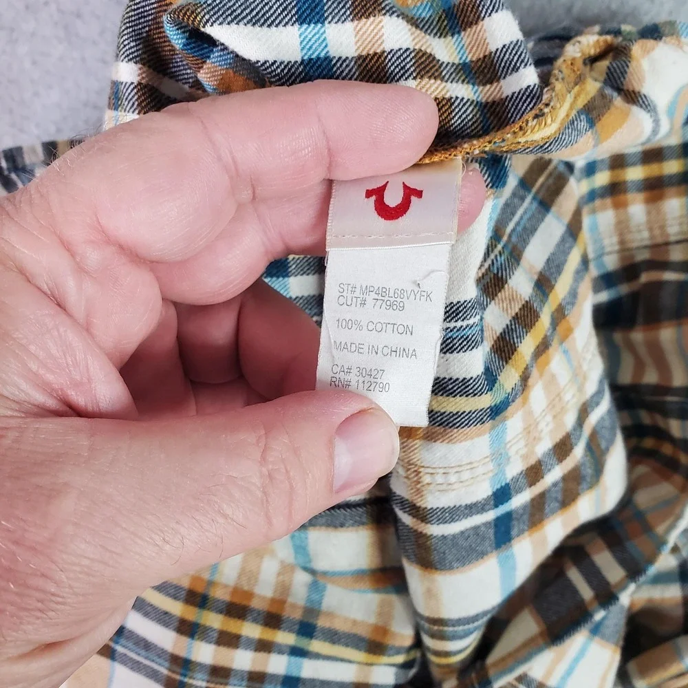 True Religion Shirt Tag Size XXXL Fits 2XL Brown Blue Plaid Pearl Snap Flannel